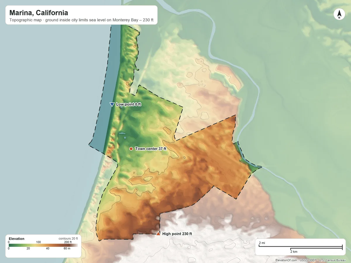 Topographic elevation map of Marina, California, shaded from sea level level on Monterey Bay to 230 ft on the south side