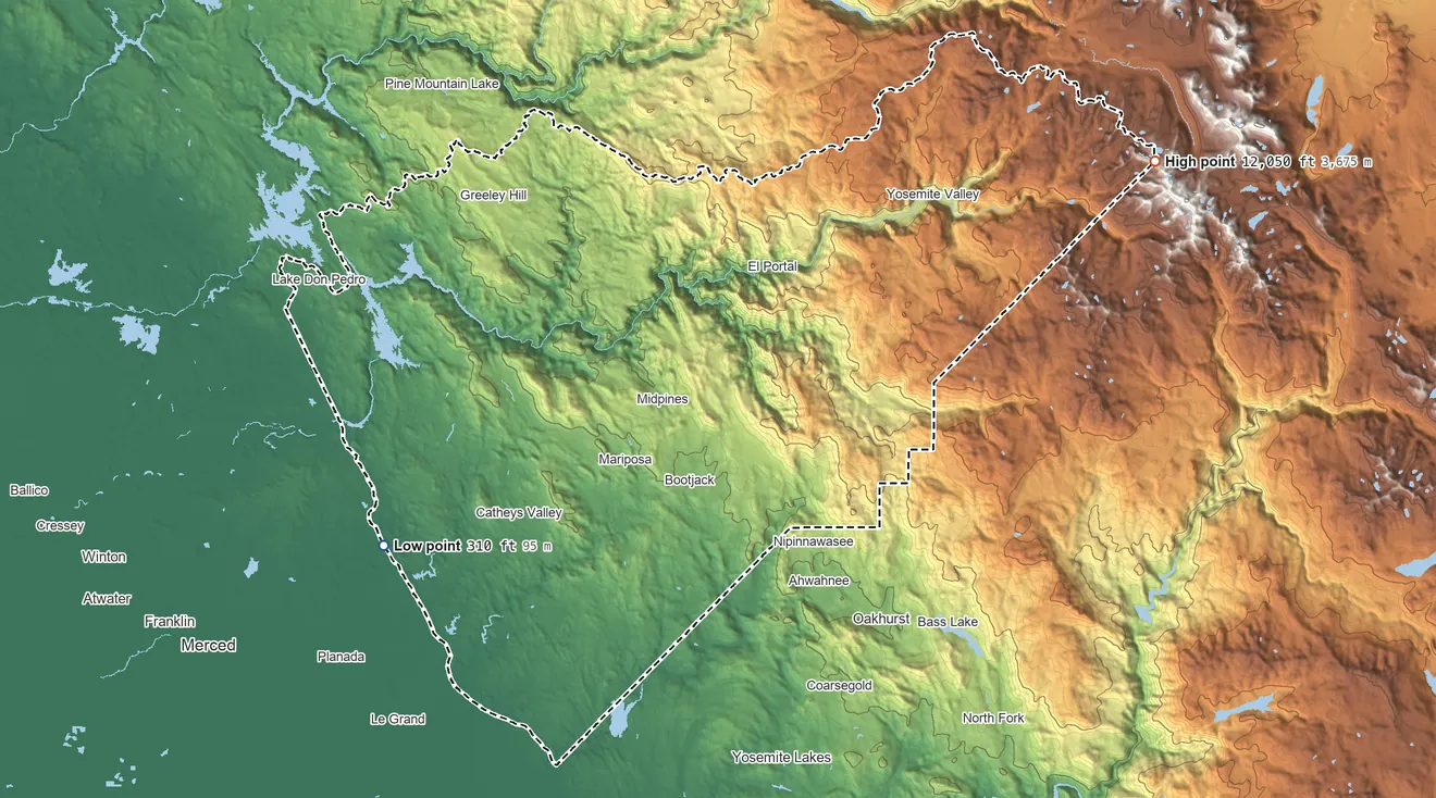 Topographic elevation map of Mariposa County, California, shaded from 310 ft on the southwest side to 12,050 ft on the northeast side