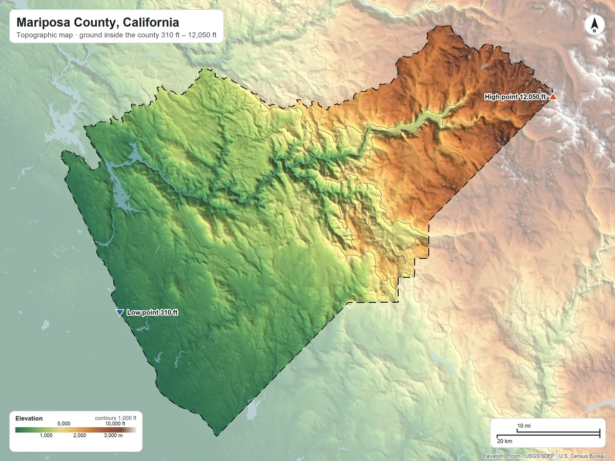 Topographic elevation map of Mariposa County, California, shaded from 310 ft on the southwest side to 12,050 ft on the northeast side