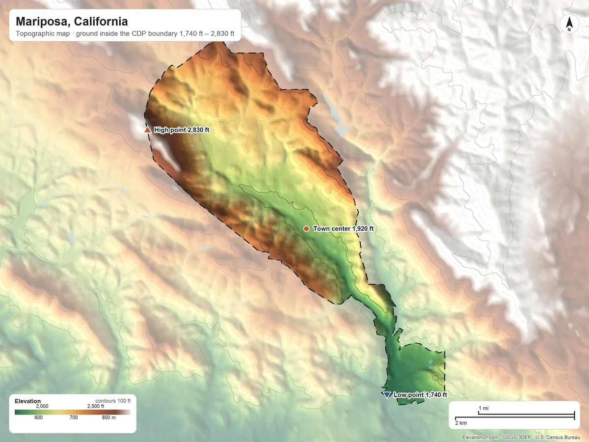 Topographic elevation map of Mariposa, California, shaded from 1,740 ft on the southeast side to 2,830 ft at the foot of the Chowchilla Mountains
