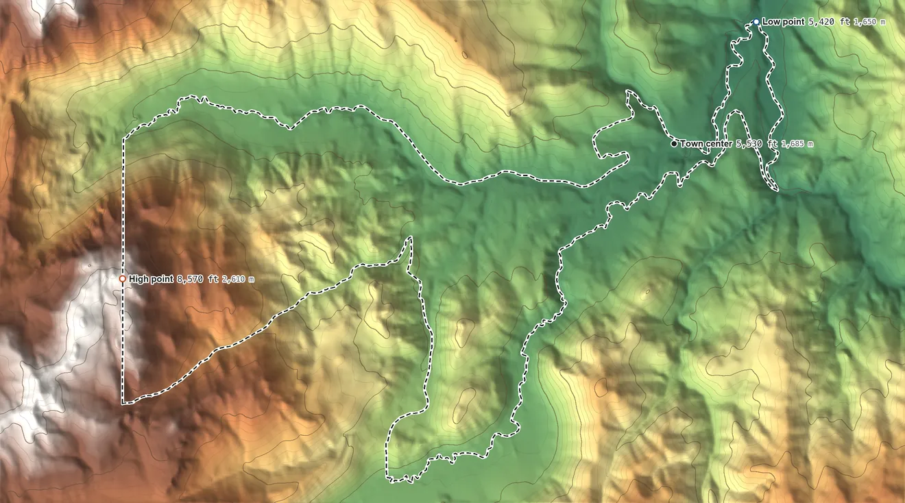 Topographic elevation map of Markleeville, California, shaded from 5,420 ft on the northeast side to 8,570 ft on the west side
