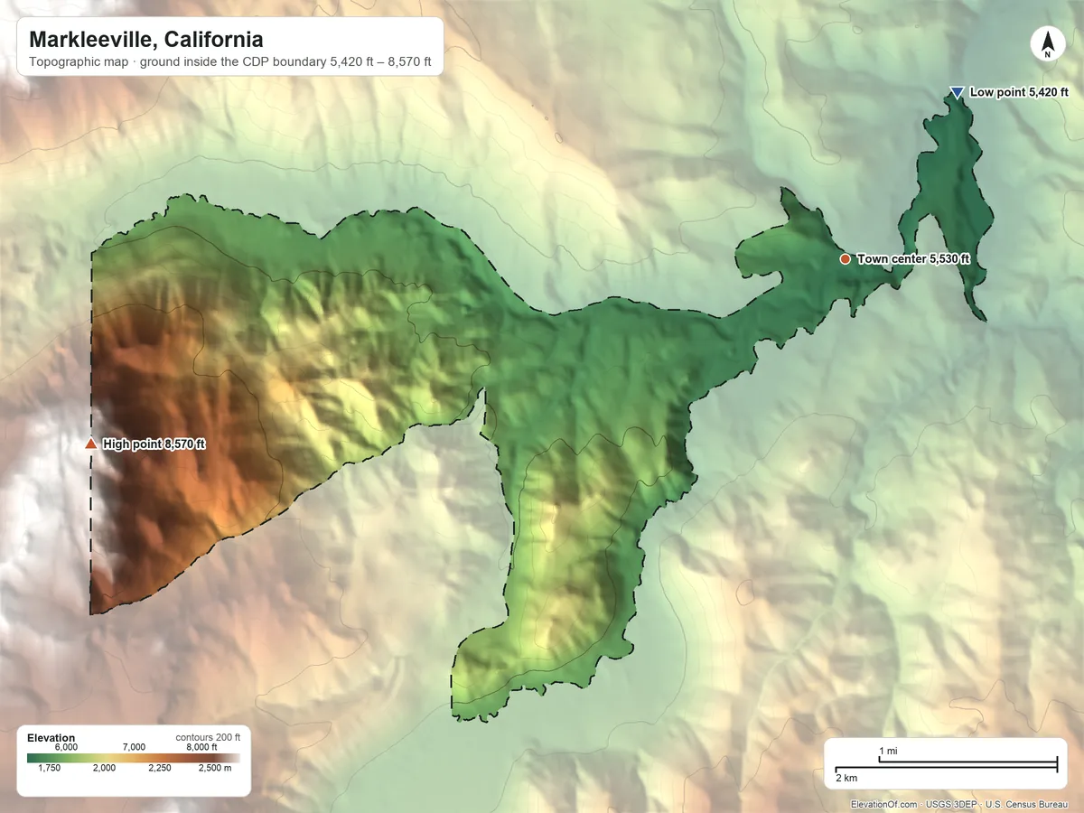 Topographic elevation map of Markleeville, California, shaded from 5,420 ft on the northeast side to 8,570 ft on the west side