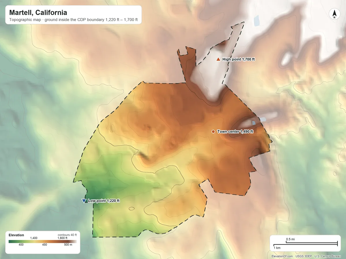 Topographic elevation map of Martell, California, shaded from 1,220 ft on the southwest side to 1,700 ft on the north side