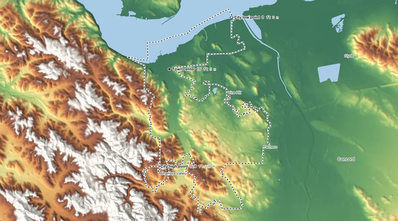 Topographic elevation map of Martinez, California, shaded from sea level level on Suisun Bay to 720 ft at the foot of the Briones Hills