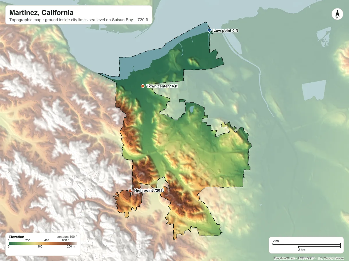 Topographic elevation map of Martinez, California, shaded from sea level level on Suisun Bay to 720 ft at the foot of the Briones Hills