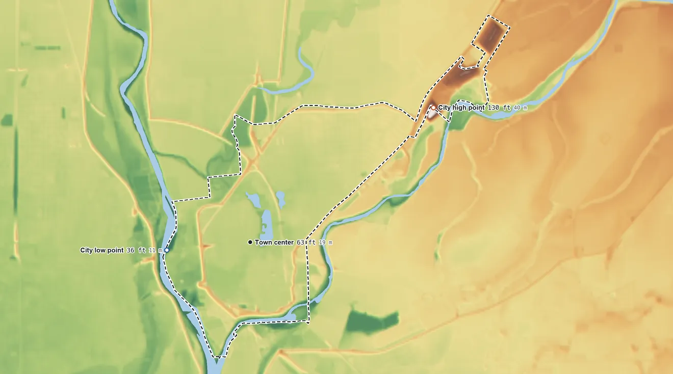 Topographic elevation map of Marysville, California, shaded from 36 ft on the west side to 130 ft on the northeast side