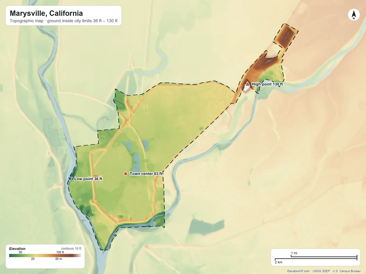 Topographic elevation map of Marysville, California, shaded from 36 ft on the west side to 130 ft on the northeast side
