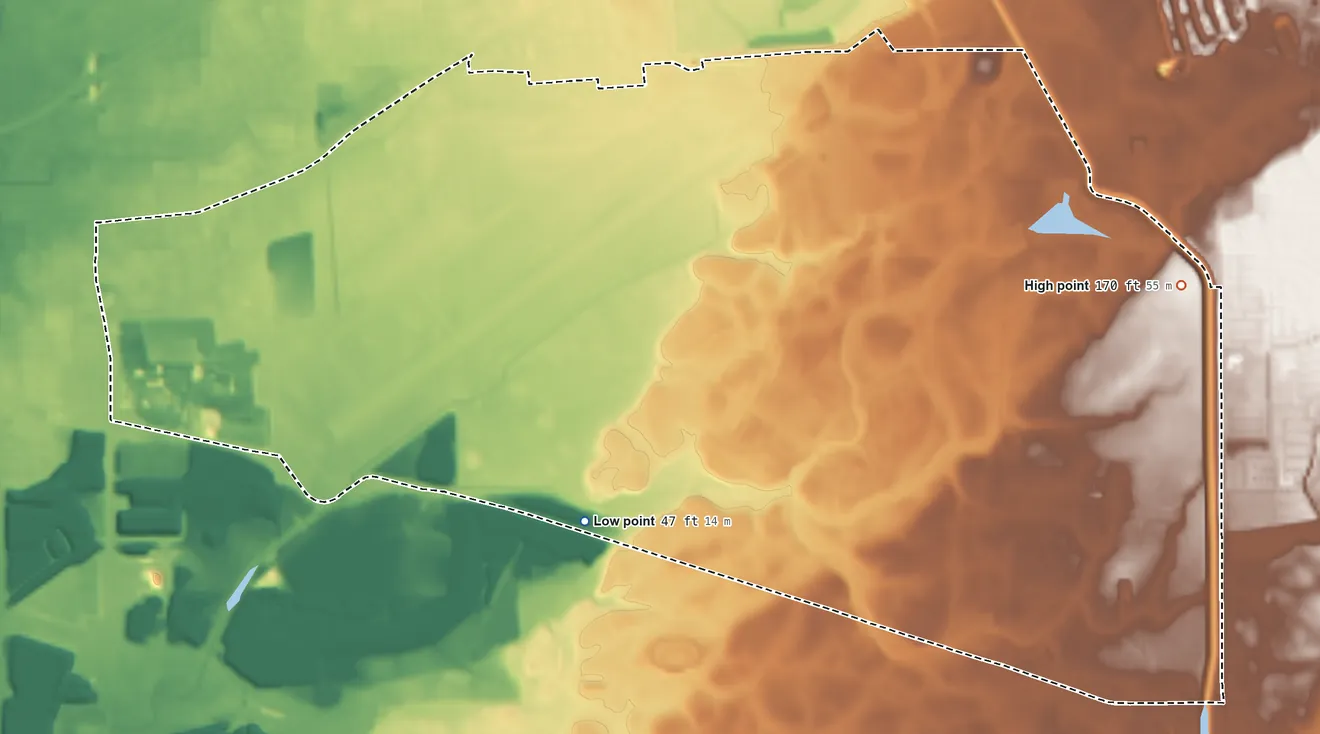 Topographic elevation map of Mather, California, shaded from 47 ft on the southwest side to 170 ft on the east side
