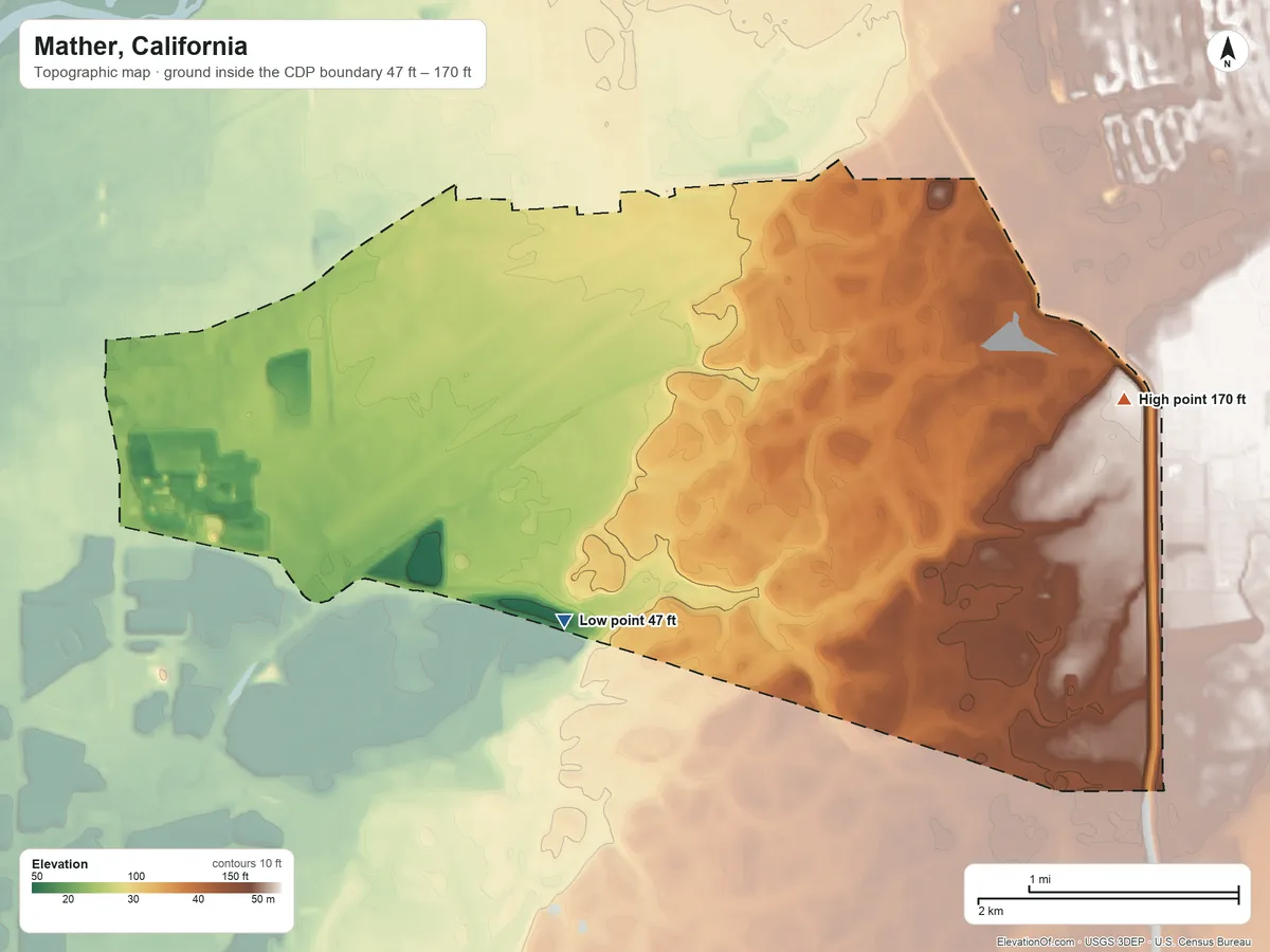 Topographic elevation map of Mather, California, shaded from 47 ft on the southwest side to 170 ft on the east side