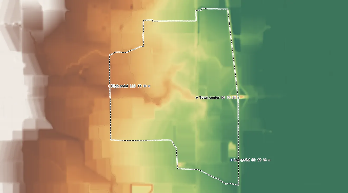 Topographic elevation map of Maxwell, California, shaded from 82 ft on the southeast side to 110 ft on the west side