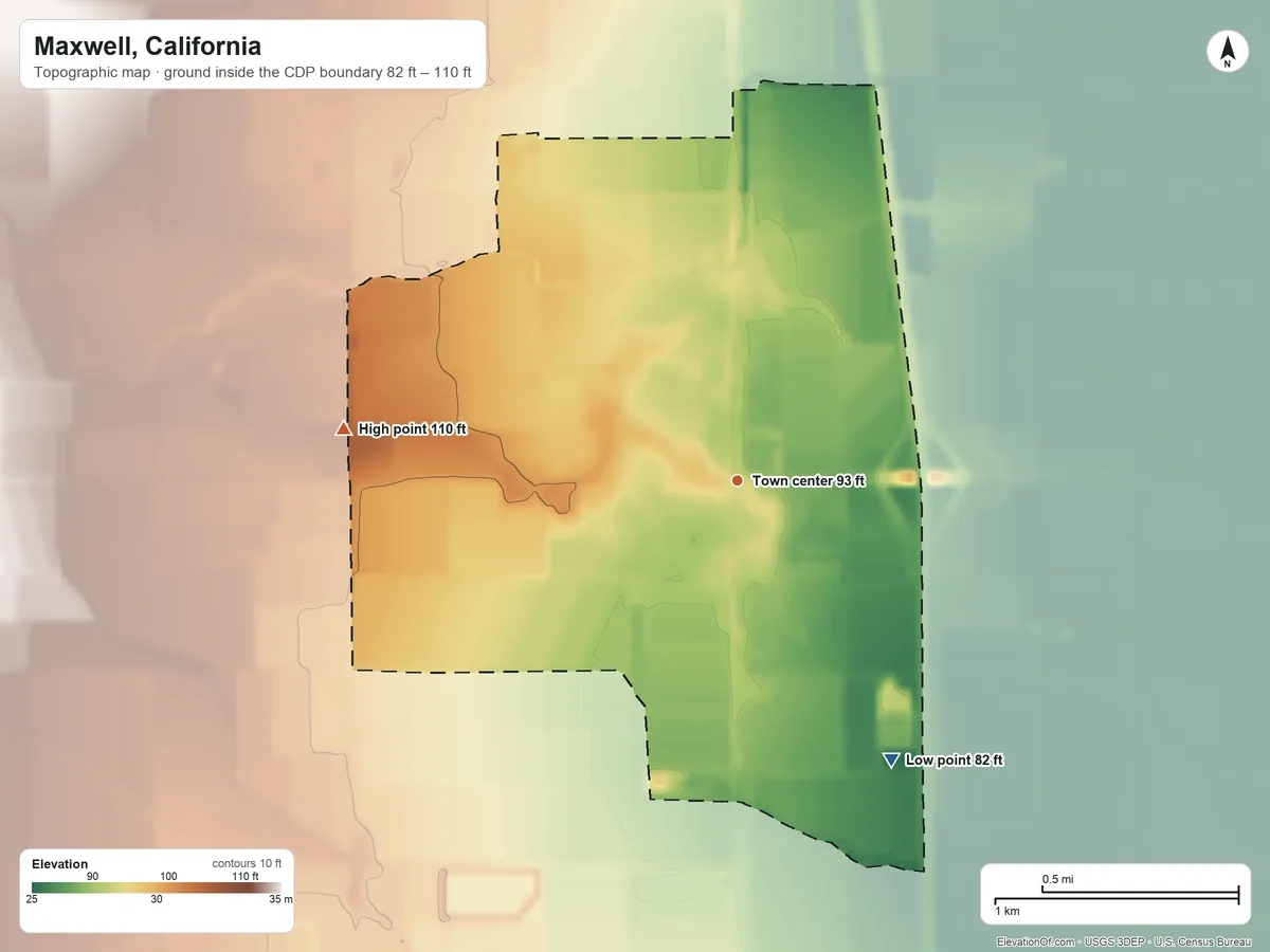 Topographic elevation map of Maxwell, California, shaded from 82 ft on the southeast side to 110 ft on the west side