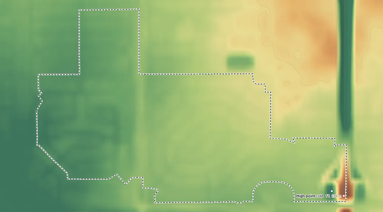 Topographic elevation map of Mayfair, California, shaded from 310 ft on the southeast side to 340 ft on the southeast side