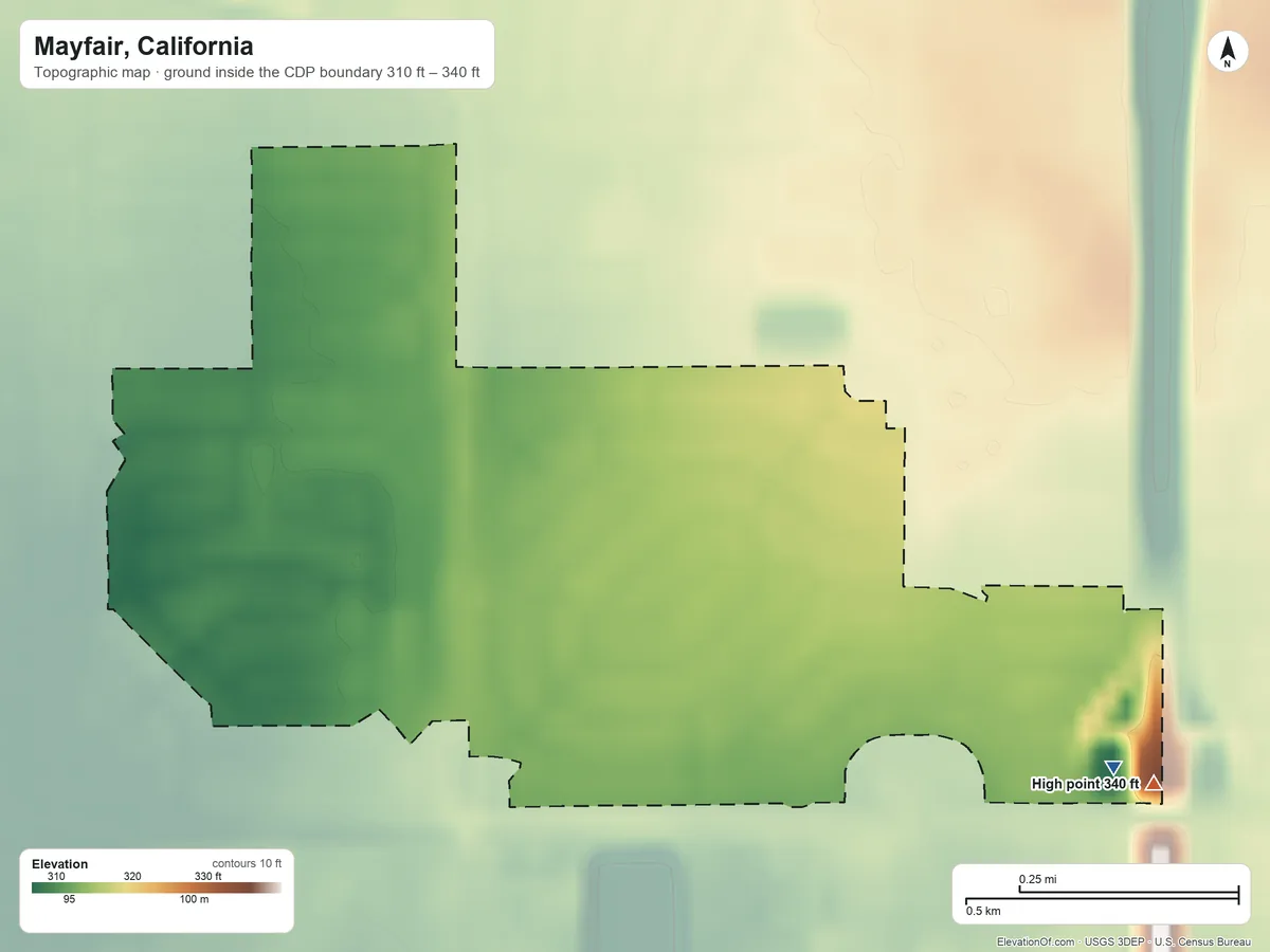 Topographic elevation map of Mayfair, California, shaded from 310 ft on the southeast side to 340 ft on the southeast side