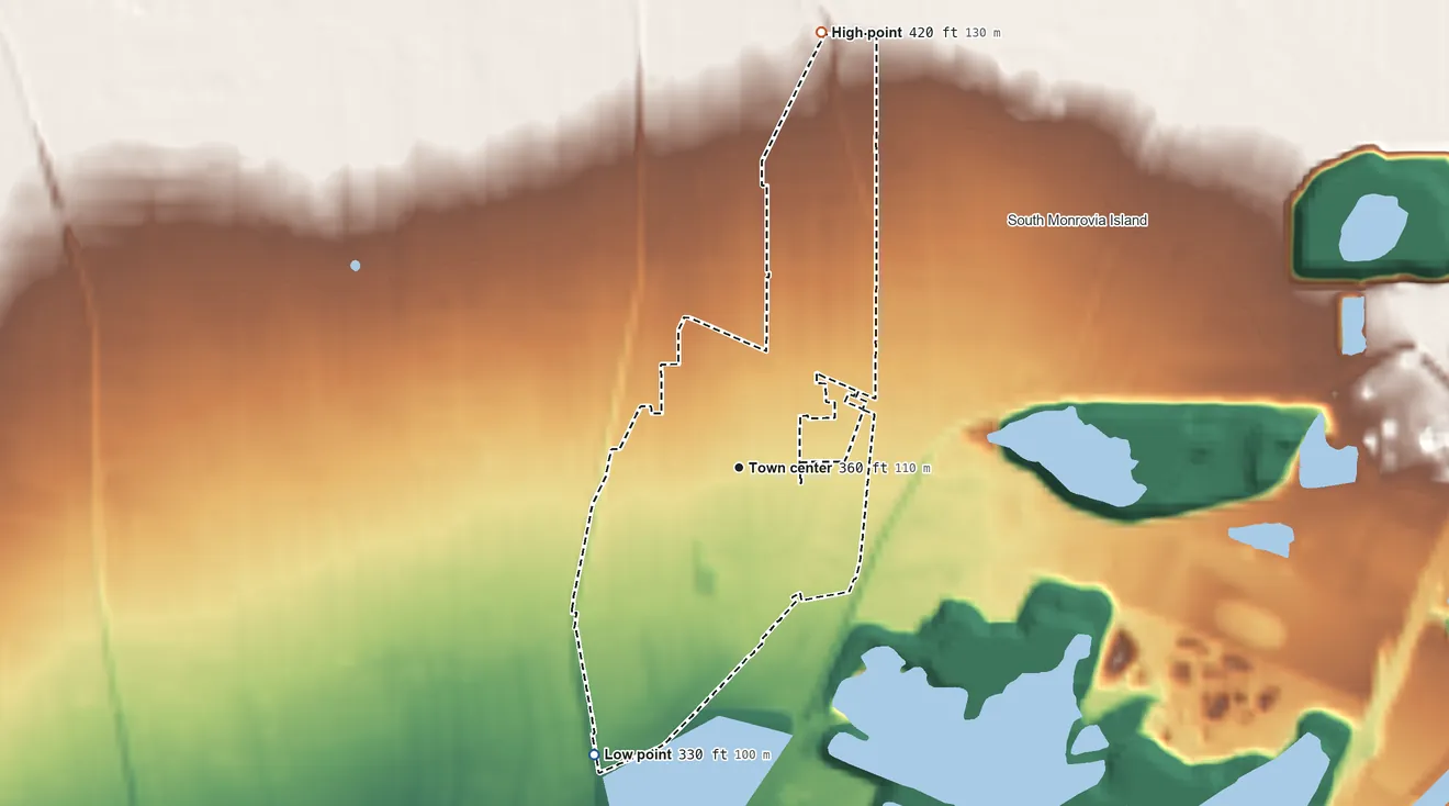 Topographic elevation map of Mayflower Village, California, shaded from 330 ft on the southwest side to 420 ft on the north side