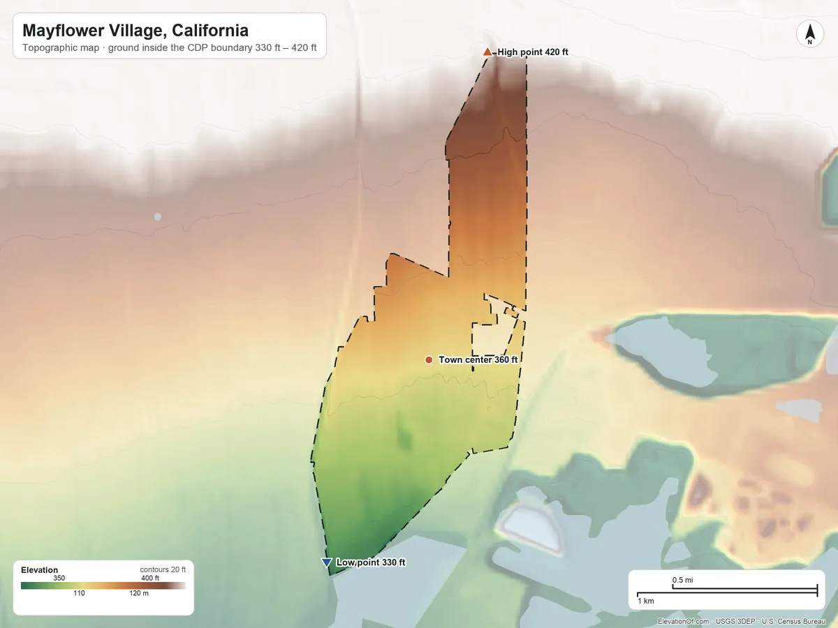 Topographic elevation map of Mayflower Village, California, shaded from 330 ft on the southwest side to 420 ft on the north side