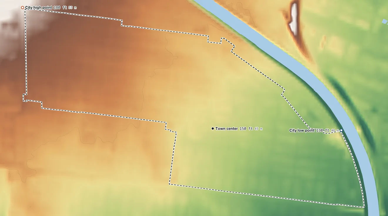 Topographic elevation map of Maywood, California, shaded from 130 ft on the east side to 180 ft on the northwest side