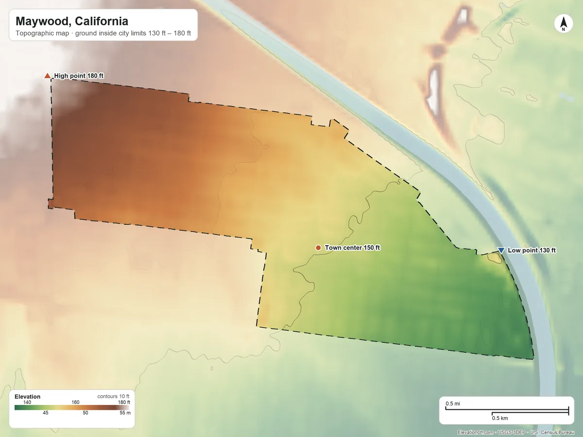 Topographic elevation map of Maywood, California, shaded from 130 ft on the east side to 180 ft on the northwest side