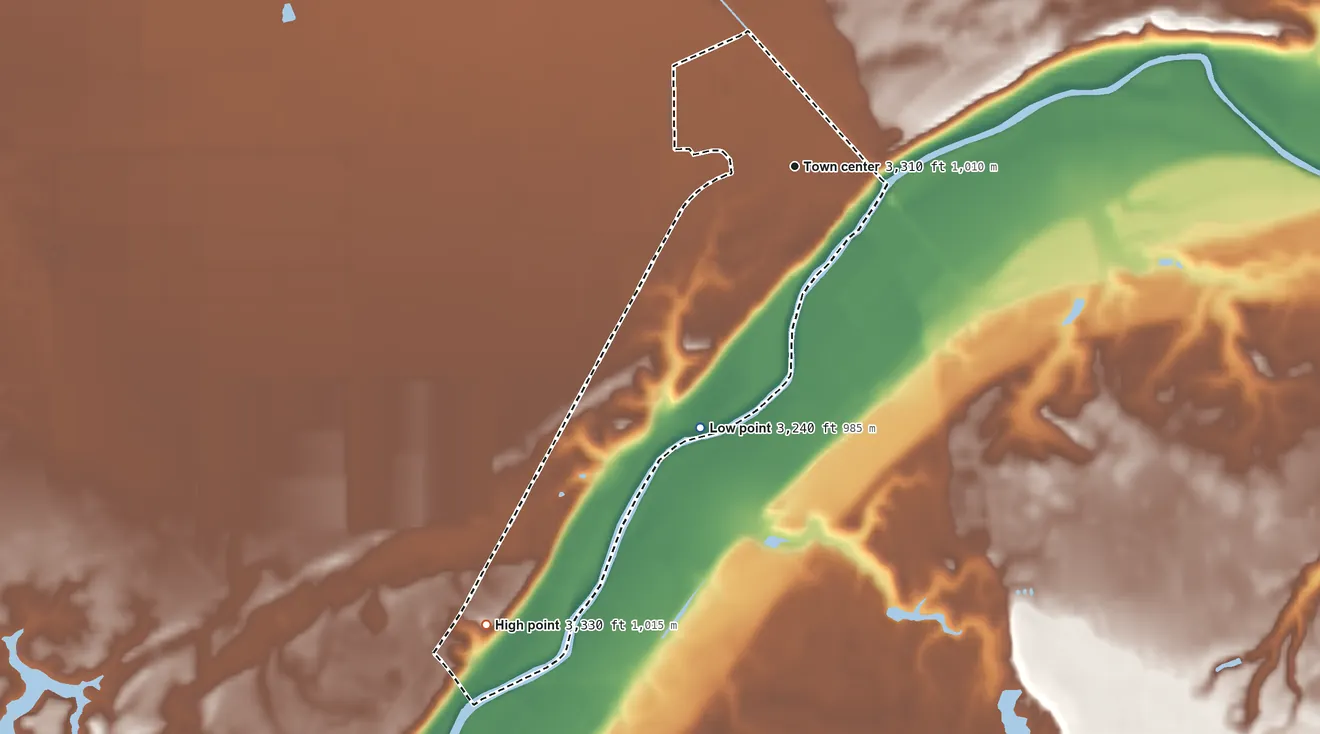 Topographic elevation map of McArthur, California, shaded from 3,240 ft on the south side to 3,330 ft on the southwest side