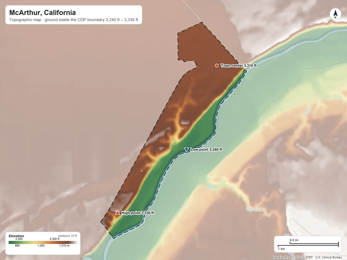 Topographic elevation map of McArthur, California, shaded from 3,240 ft on the south side to 3,330 ft on the southwest side