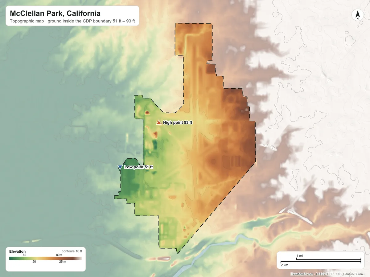 Topographic elevation map of McClellan Park, California, shaded from 51 ft on the southwest side to 93 ft on the west side