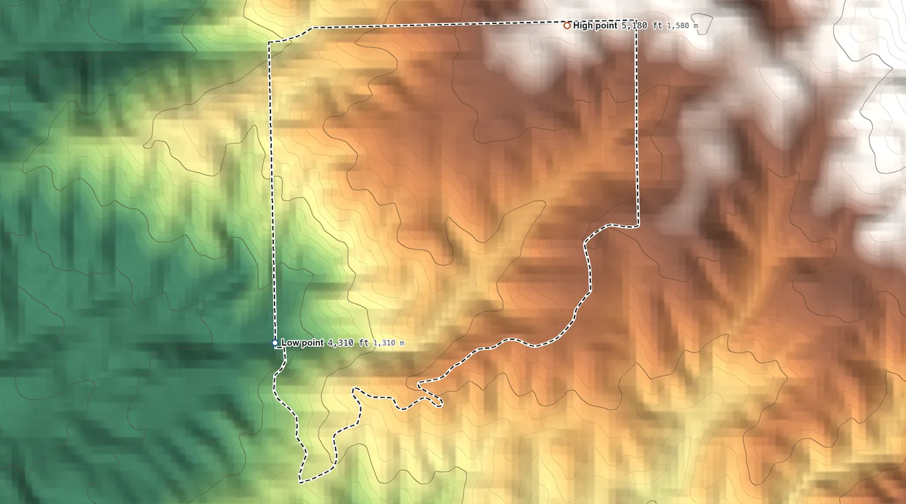 Topographic elevation map of McClenney Tract, California, shaded from 4,310 ft on the southwest side to 5,180 ft at the foot of the Greenhorn Mountains