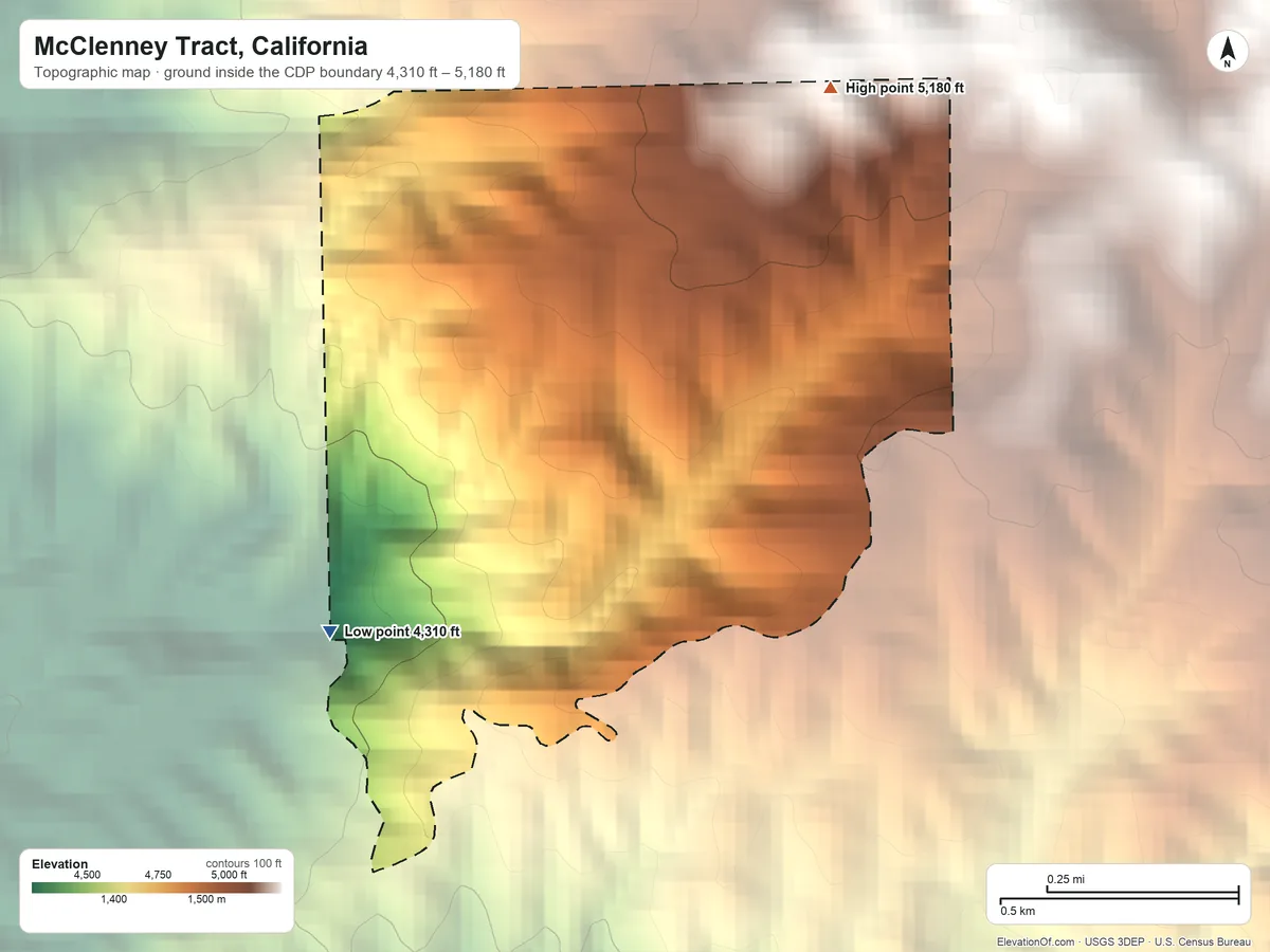 Topographic elevation map of McClenney Tract, California, shaded from 4,310 ft on the southwest side to 5,180 ft at the foot of the Greenhorn Mountains