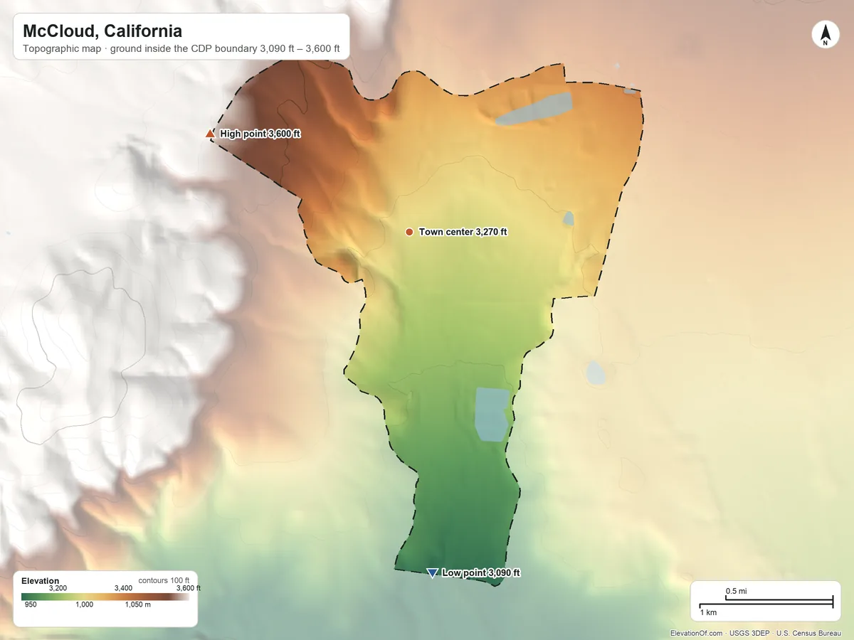 Topographic elevation map of McCloud, California, shaded from 3,090 ft on the south side to 3,600 ft on the northwest edge, below higher ground just outside