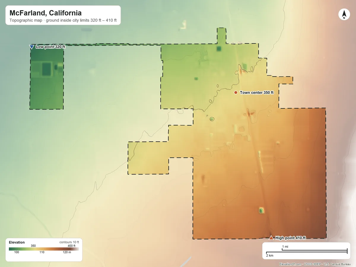Topographic elevation map of McFarland, California, shaded from 320 ft on the west side to 410 ft on the south side