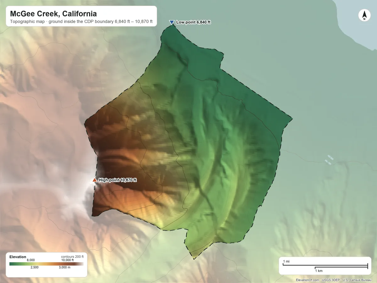 Topographic elevation map of McGee Creek, California, shaded from 6,840 ft on the north side to 10,870 ft on McGee Mountain