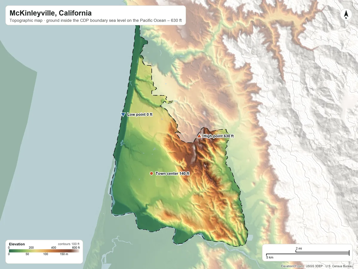 Topographic elevation map of McKinleyville, California, shaded from sea level level on the Pacific Ocean to 630 ft on the northeast side