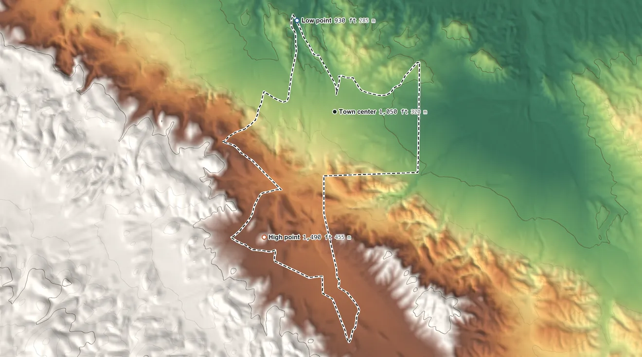 Topographic elevation map of McKittrick, California, shaded from 930 ft on the north side to 1,490 ft at the foot of the Telephone Hills
