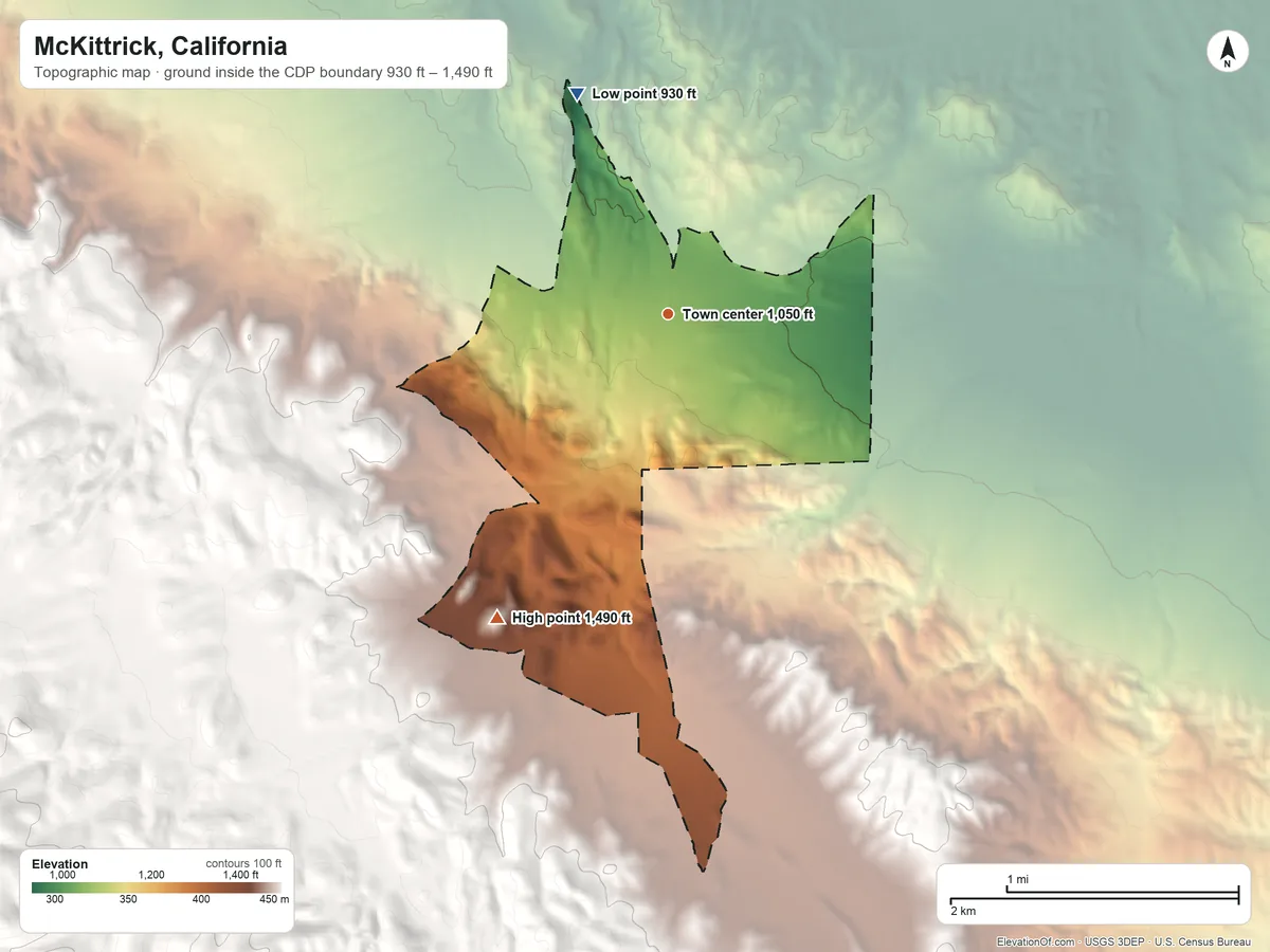 Topographic elevation map of McKittrick, California, shaded from 930 ft on the north side to 1,490 ft at the foot of the Telephone Hills