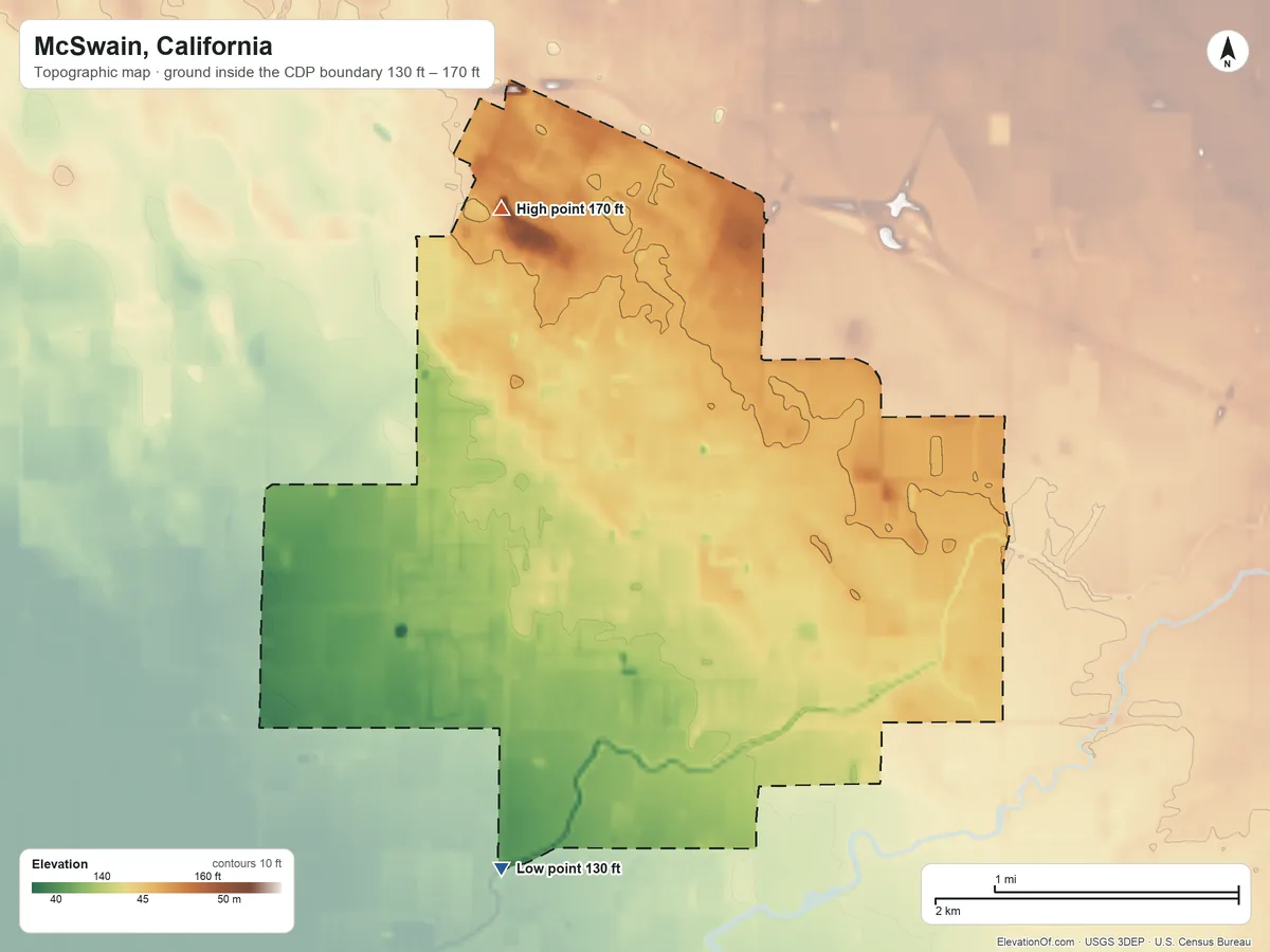 Topographic elevation map of McSwain, California, shaded from 130 ft on the south side to 170 ft on the northwest side
