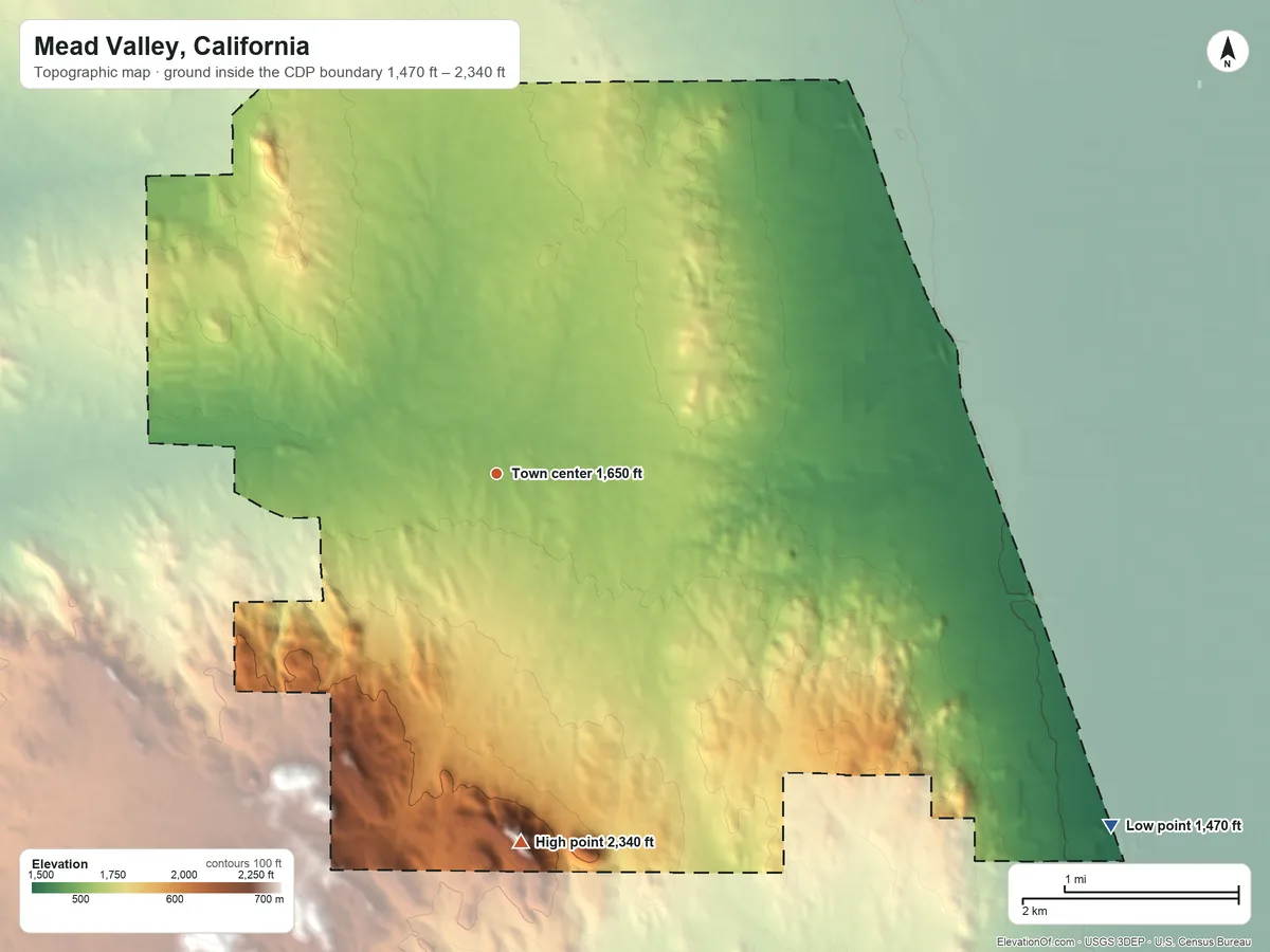 Topographic elevation map of Mead Valley, California, shaded from 1,470 ft on the southeast side to 2,340 ft on the south side