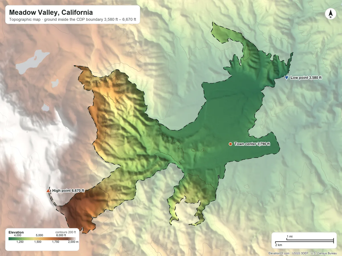 Topographic elevation map of Meadow Valley, California, shaded from 3,580 ft on the northeast side to 6,670 ft on the west edge, below higher ground just outside