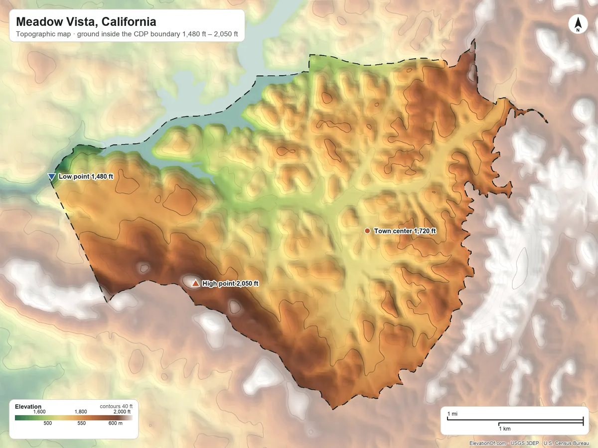 Topographic elevation map of Meadow Vista, California, shaded from 1,480 ft on the west side to 2,050 ft on the west side