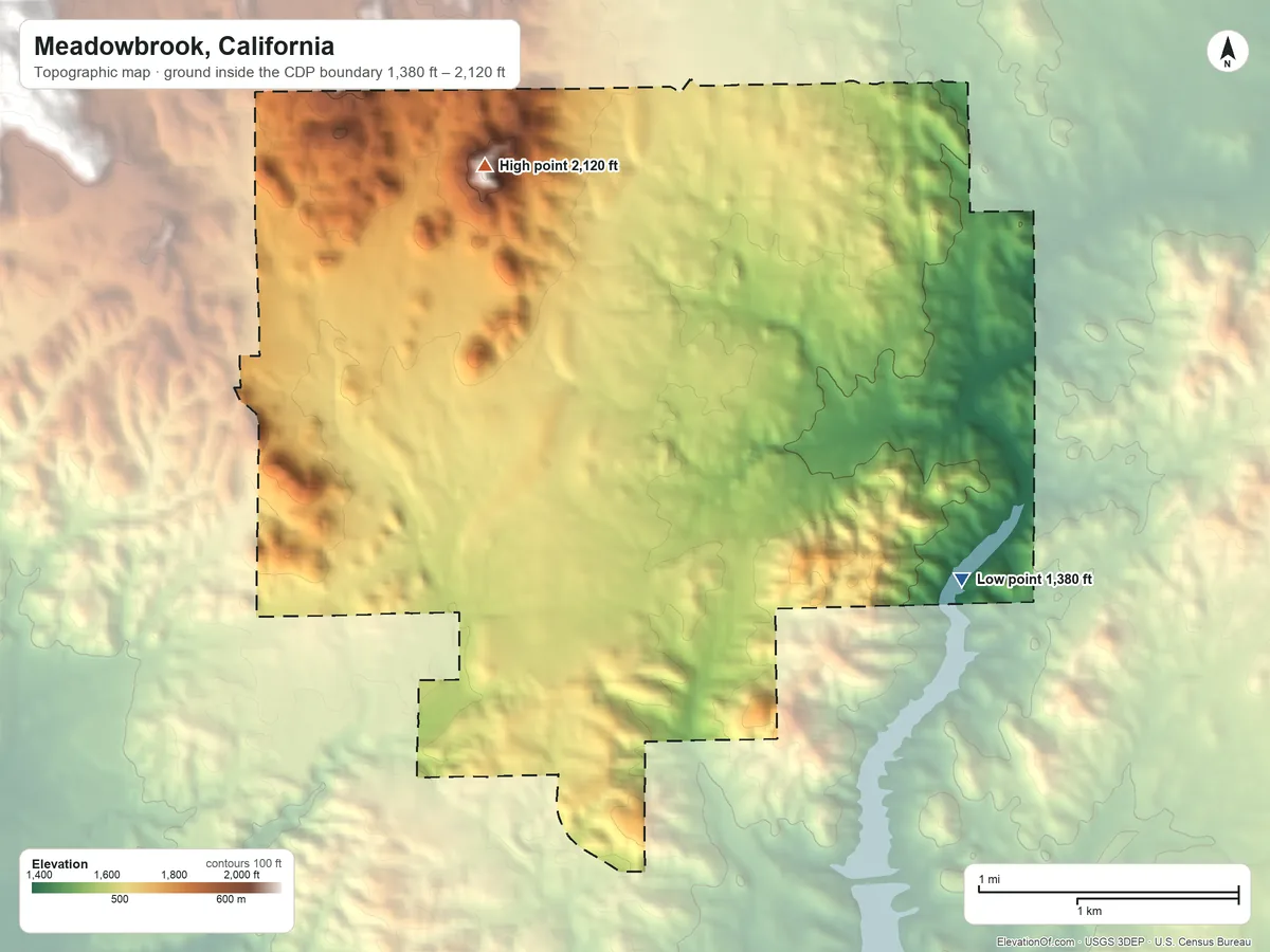 Topographic elevation map of Meadowbrook, California, shaded from 1,380 ft on the southeast side to 2,120 ft at the foot of the Menifee Hills