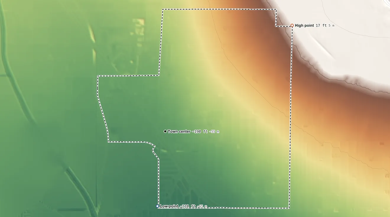 Topographic elevation map of Mecca, California, shaded from −210 ft on the south side to 17 ft at the foot of the Mecca Hills