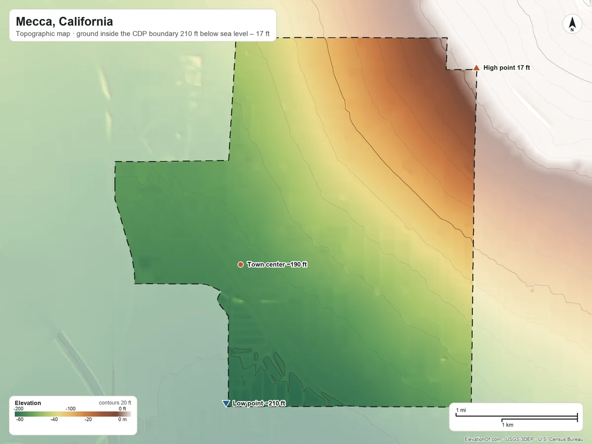 Topographic elevation map of Mecca, California, shaded from −210 ft on the south side to 17 ft at the foot of the Mecca Hills