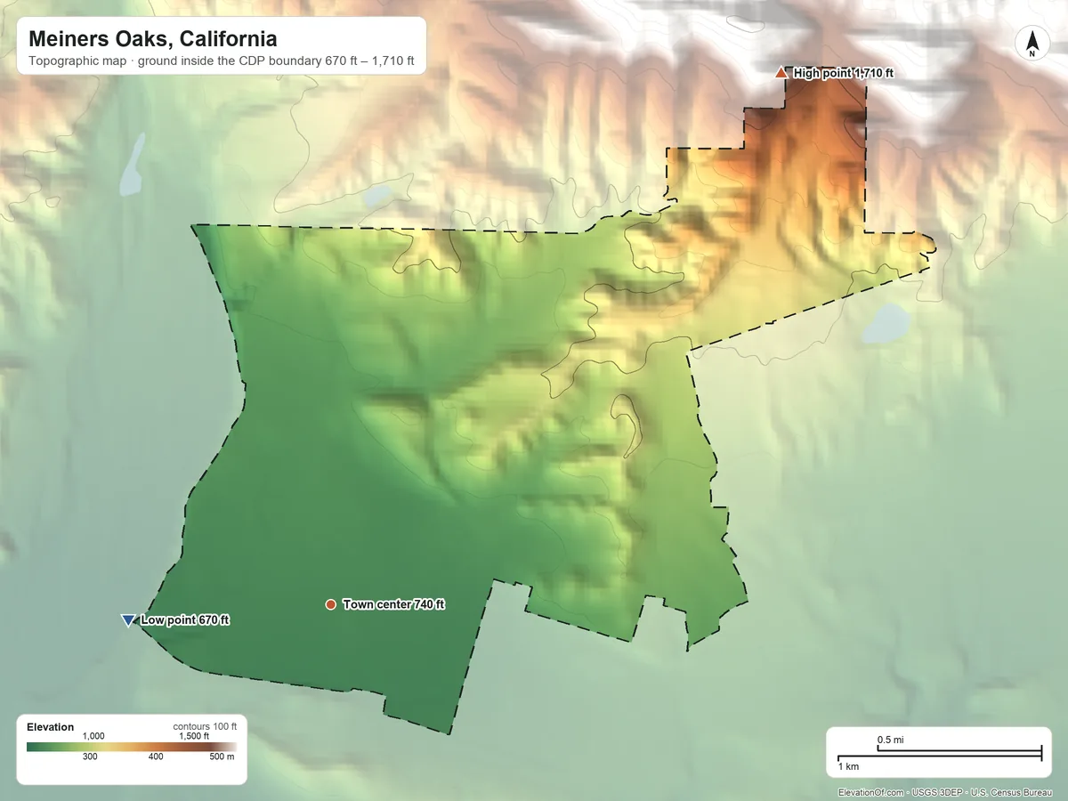 Topographic elevation map of Meiners Oaks, California, shaded from 670 ft on the west side to 1,710 ft at the foot of the Santa Ynez Mountains