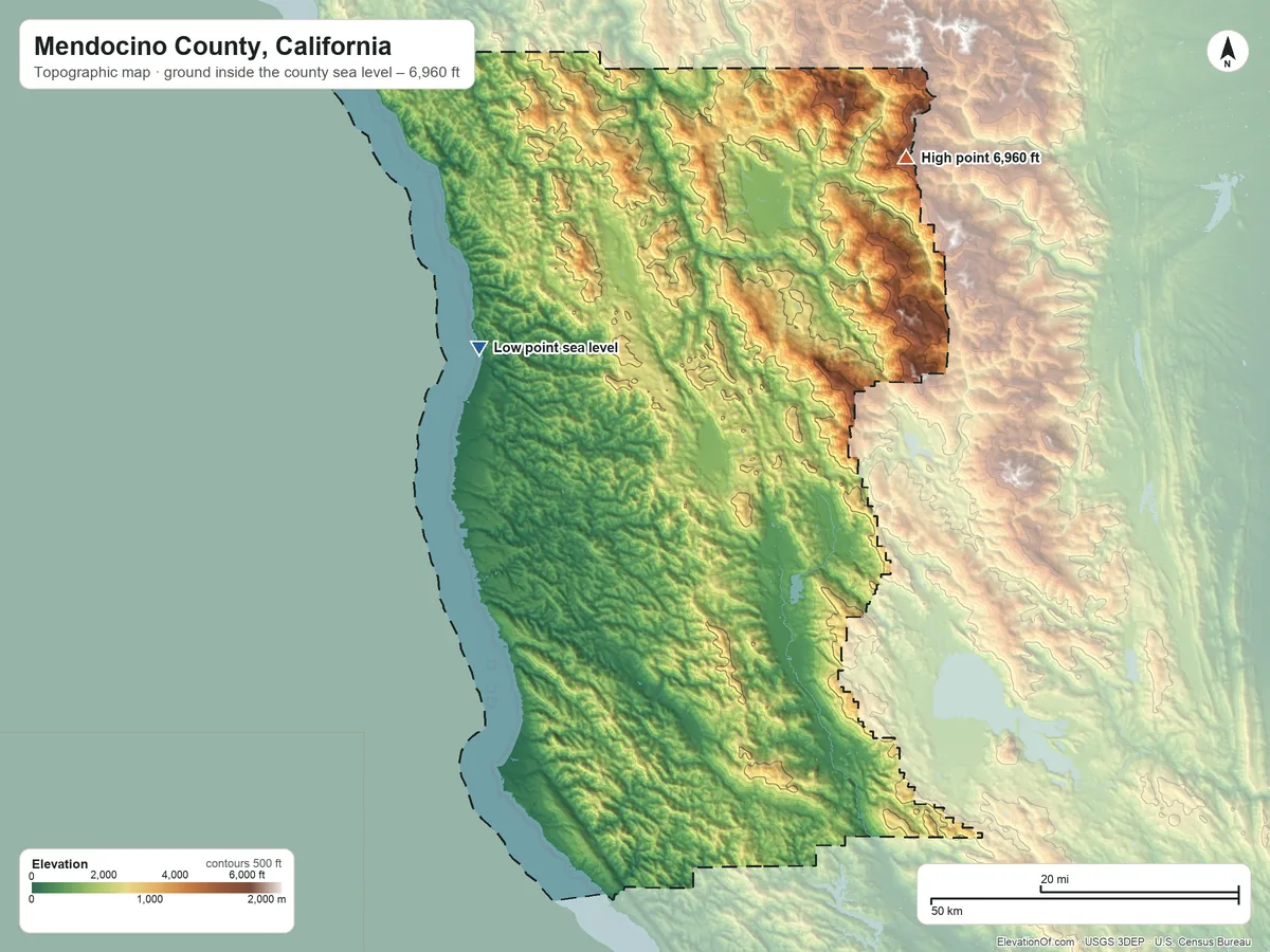 Topographic elevation map of Mendocino County, California, shaded from sea level on the Pacific Ocean to 6,960 ft on Anthony Peak