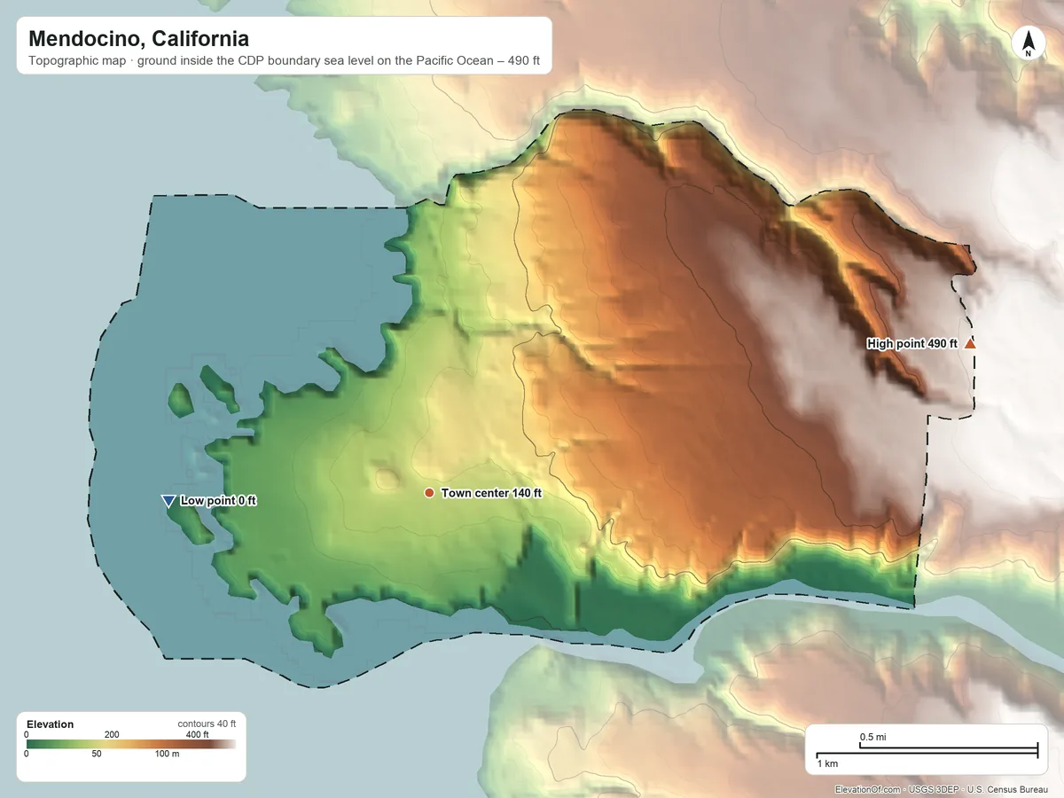 Topographic elevation map of Mendocino, California, shaded from sea level level on the Pacific Ocean to 490 ft on the east side