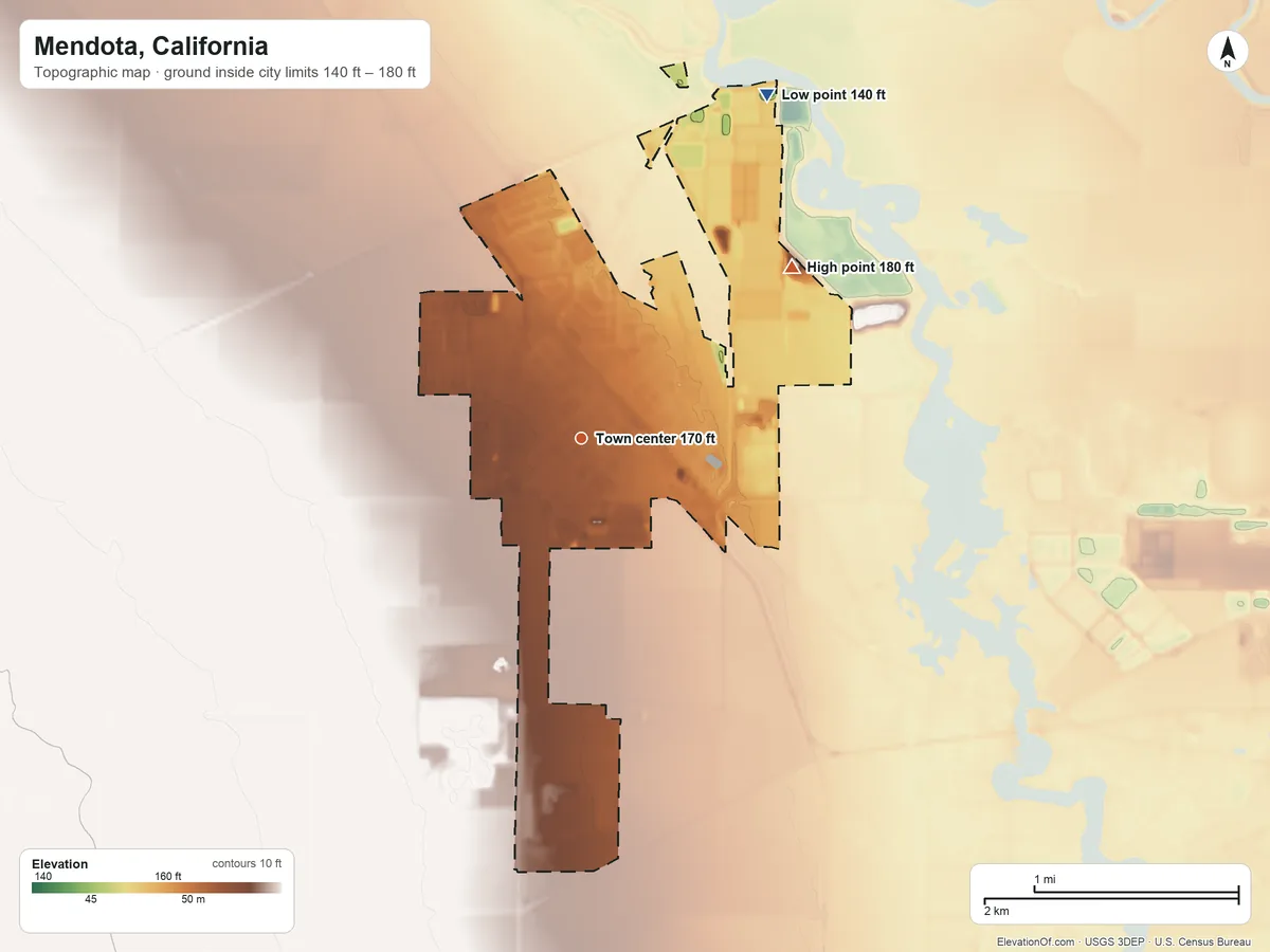 Topographic elevation map of Mendota, California, shaded from 140 ft on the northeast side to 180 ft on the northeast side