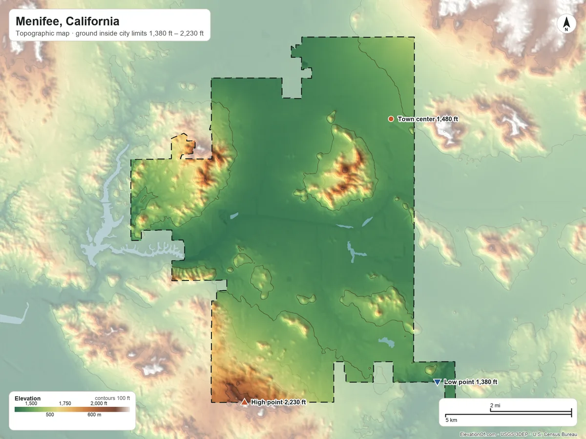 Topographic elevation map of Menifee, California, shaded from 1,380 ft on the south side to 2,230 ft on the southwest side