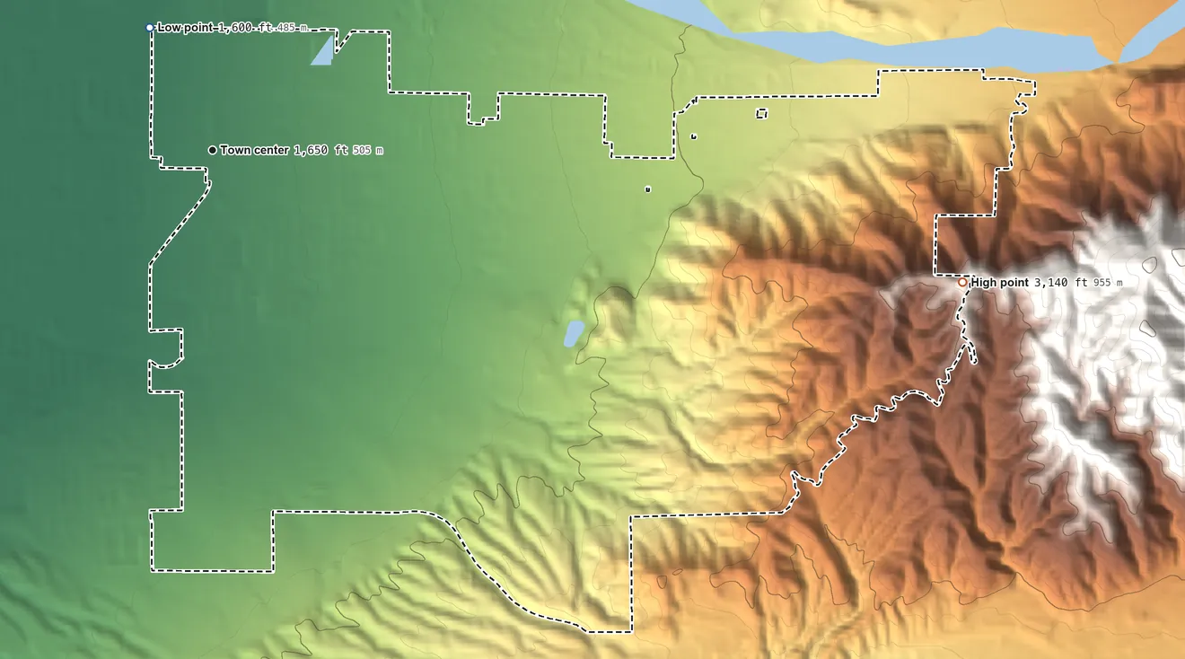 Topographic elevation map of Mentone, California, shaded from 1,600 ft on the northwest side to 3,140 ft at the foot of the Crafton Hills