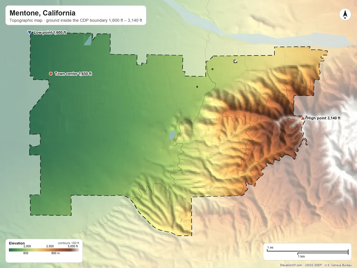 Topographic elevation map of Mentone, California, shaded from 1,600 ft on the northwest side to 3,140 ft at the foot of the Crafton Hills