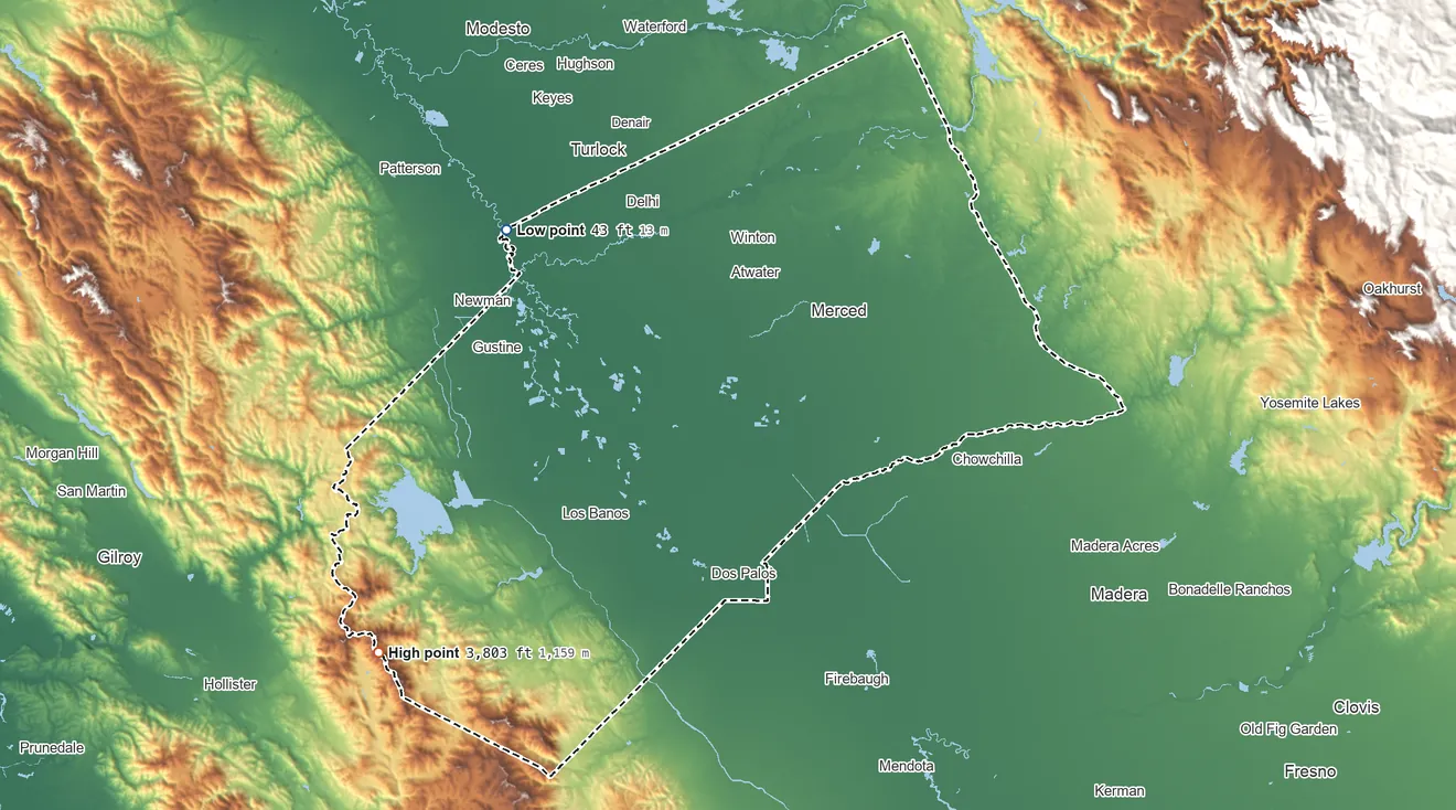 Topographic elevation map of Merced County, California, shaded from 43 ft on the northwest side to 3,803 ft on Laveaga Peak