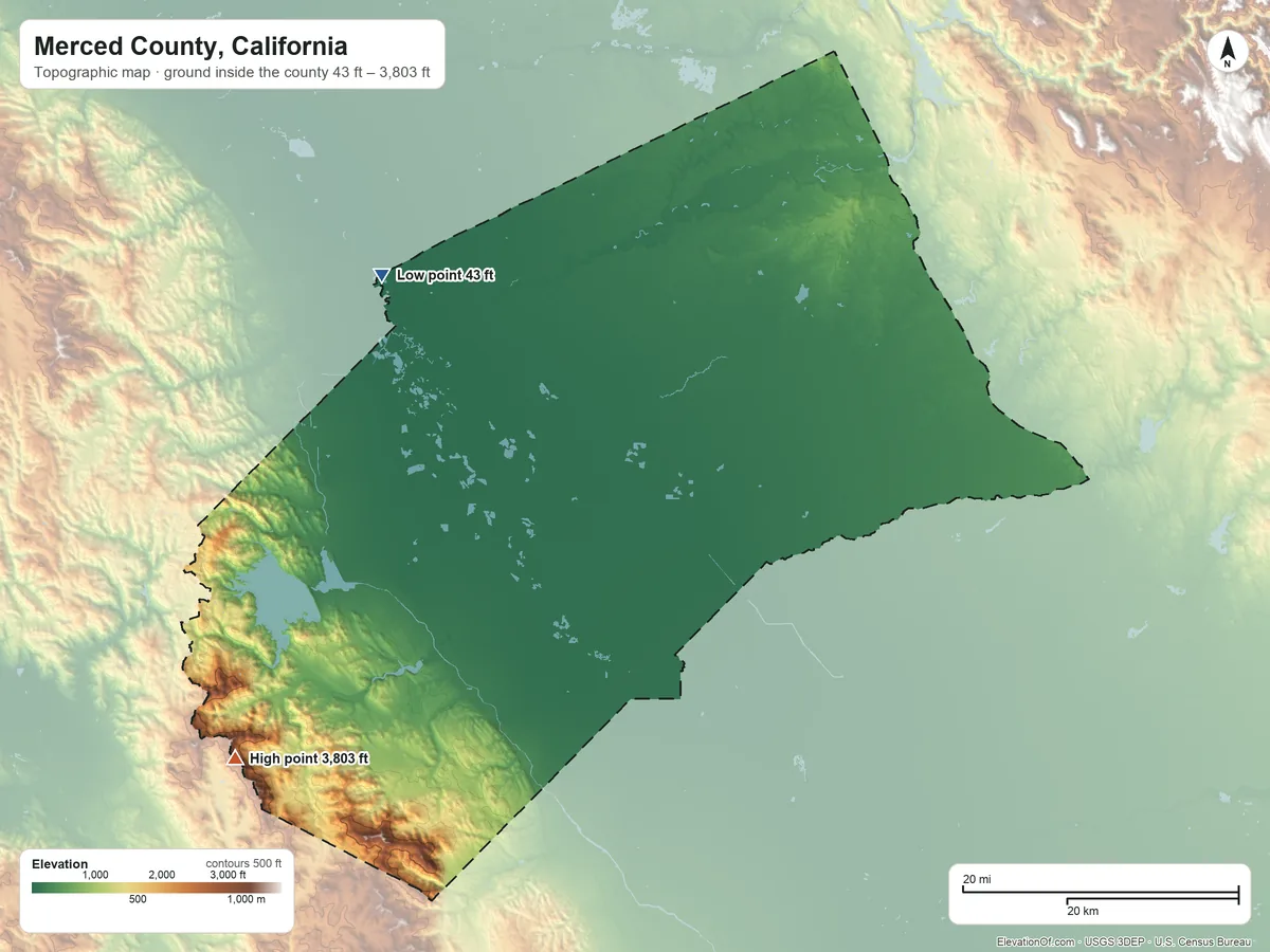 Topographic elevation map of Merced County, California, shaded from 43 ft on the northwest side to 3,803 ft on Laveaga Peak