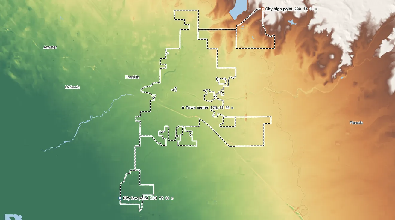 Topographic elevation map of Merced, California, shaded from 130 ft on the southwest side to 290 ft on the northeast side