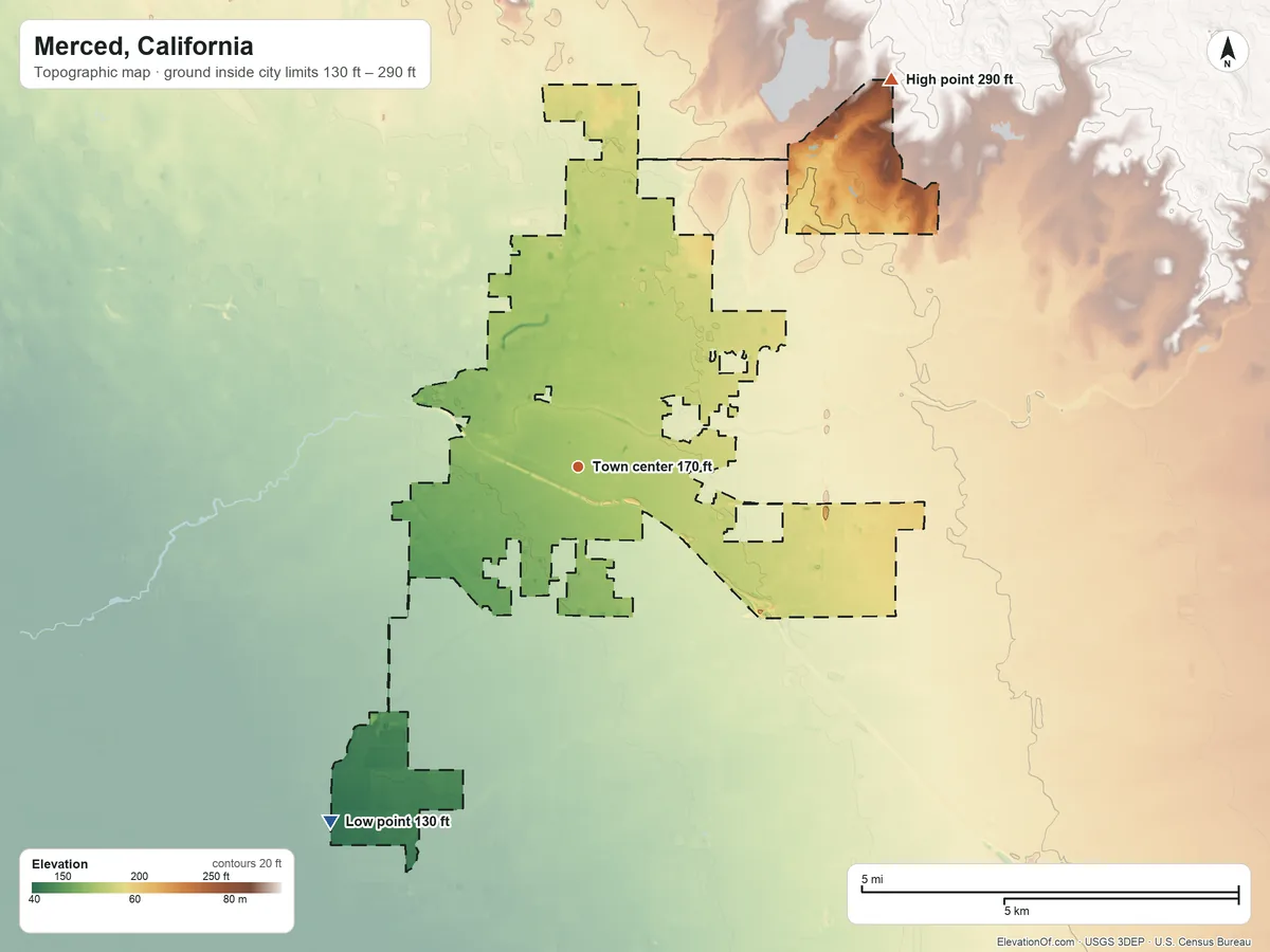 Topographic elevation map of Merced, California, shaded from 130 ft on the southwest side to 290 ft on the northeast side